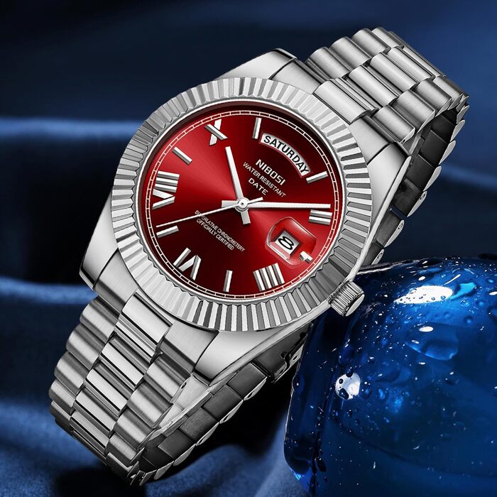 Годинник чоловічий NIBOSI - аналоговий кварцовий годинник з нержавіючої сталі. Водонепроникні бізнес-годинники для чоловіків з датою та індикатором дня тижня (срібно-червоний)