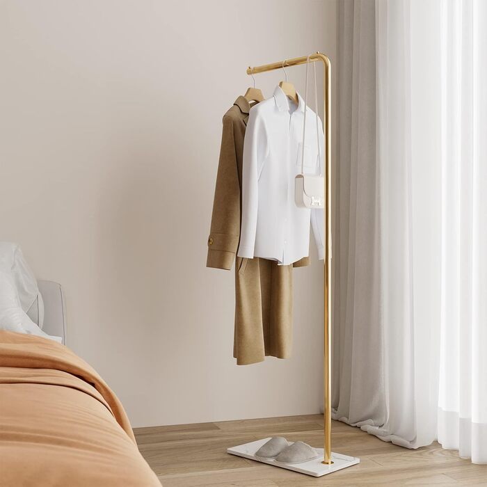 Metal Clothes Rack - 150cm Modern Clothes Stand for Clothing, Bags, Shoes, Coat Rack for Entryway, Living Room, Bedroom, Office (Gold)