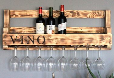 Wooden Wall-Mounted Wine Rack - with Glass Holder and VINO Signage - Charred - Ready to Assemble - Shelf for Wine Bottles and Glasses