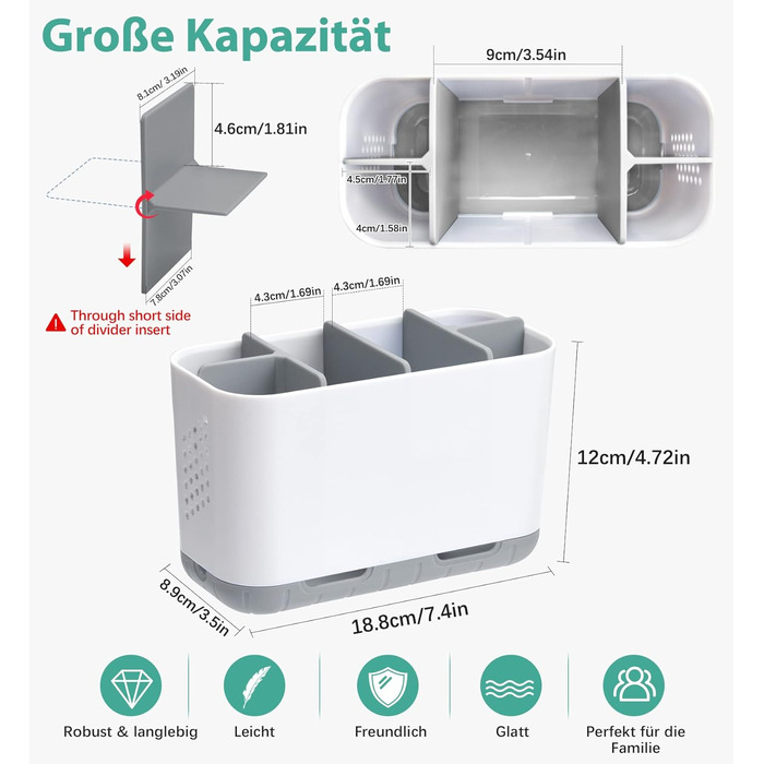 Тримач для електричної зубної щітки сірого кольору. Організатор для ванної кімнати з регульованими перегородками. Підходить для сім'ї та дітей.