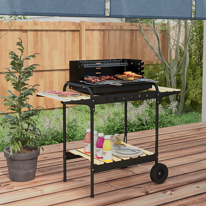 Дров'яний гриль Outsunny з металу BBQ Smoker на колесах, регульована по висоті решітка для гриля, полиця для дров, мобільний гриль-візок, вугільний гриль, гриль для барбекю, кемпінгу, тераси, 103x47x95 см | Aosom