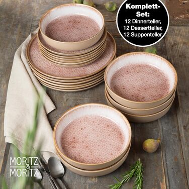 Moritz & Moritz TERRA 36-Piece Dinnerware Set for 12 People - Plate Set in delicate Terracotta made from high-quality porcelain - Dinnerware set for 12 people, consisting of 12 dinner plates, dessert plates, and bowls each. Terracotta 36-piece dinnerware set.