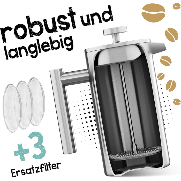 Morning Hero Premium Stainless Steel French Press, large size for 5 cups, 1000 ml, metal coffee press, induction suitable, 1l thermal insulated carafe, barista coffee maker, double-walled, manual coffee pot, 1000ml, 1000ml (5 cups)