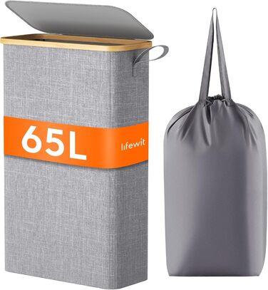 Кошик для білизни Lifewit 65 л з кришкою, складаний, вузький, з мішком для прання, з ручками, з бамбука, для квартири, гуртожитку та кемпера, сірий