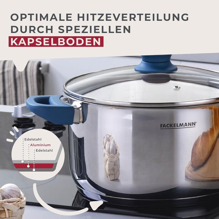 Каструля Fackelmann Essential з нержавіючої сталі, 24 см, з кришкою, синього кольору, з ергономічними ручками Softtouch, для всіх типів плит