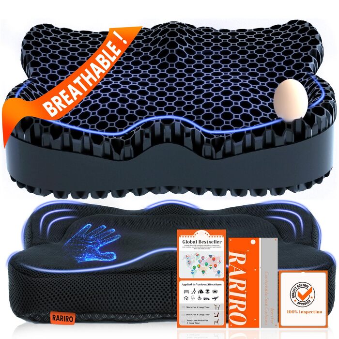 Гелеве сидіння для офісного крісла: ергономічна подушка з подвійною структурою та стільниковою поверхнею для тривалого сидіння, підтримки попереку та полегшення болю при ішіасі. Підходить для авто, каяку, інвалідного візка. Чорний колір.