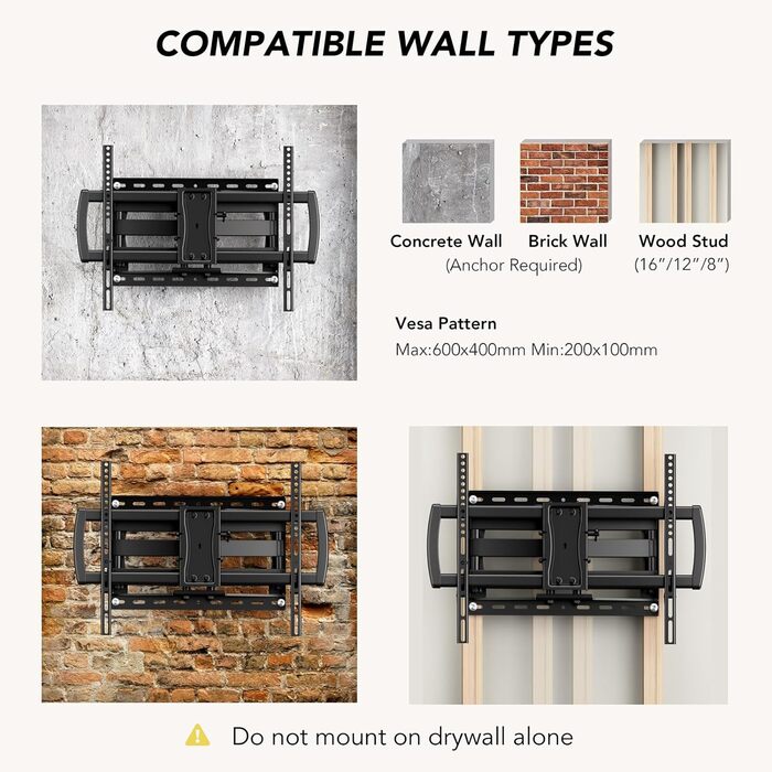 Adjustable TV Wall Mount for LED, LCD, OLED, and Plasma TVs - 26-65 Inch, Up to 50kg, VESA 400x400mm, Black