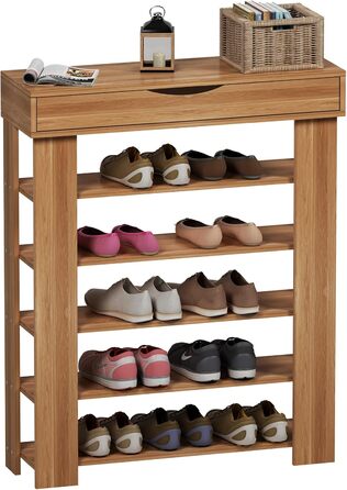 Soges 5-Tier Shoe Rack Shoe Cabinet Wood, 75 x 30 x 94.5 cm Shoe Storage Shoe Stand for Living Room, Entrance Hall, Hallway, Teak