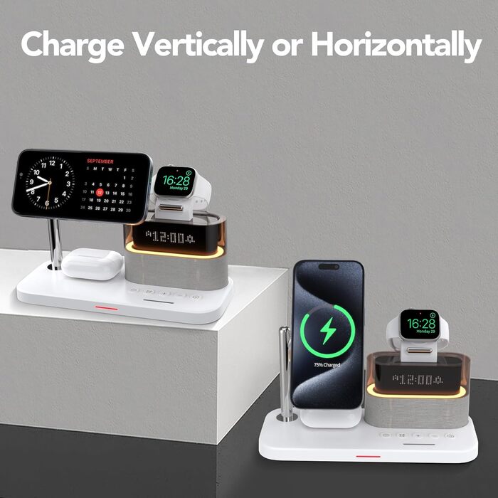 Багатофункціональна бездротова зарядка 5 в 1 з годинником для Apple iPhone, Apple Watch, AirPods (біла)