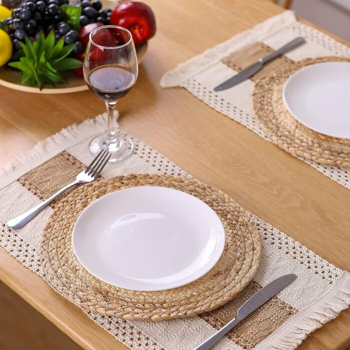 Zology Handcrafted Boho Placemats, Set of 6, Natural Cotton, Burlap & Water Hyacinth, Woven Combination Placemats, Macrame Decor & Farmhouse Style, Placemats for Dining Table, Kitchen
