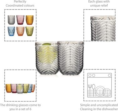 Sänger Drinking Glasses Set Porto - 6-Piece Glass Set for 6 People, Water Glasses, Multicolored, Unique Cut, Everyday Use, Family Meals, Office, Outdoor Juice Glasses Set | 310 ml