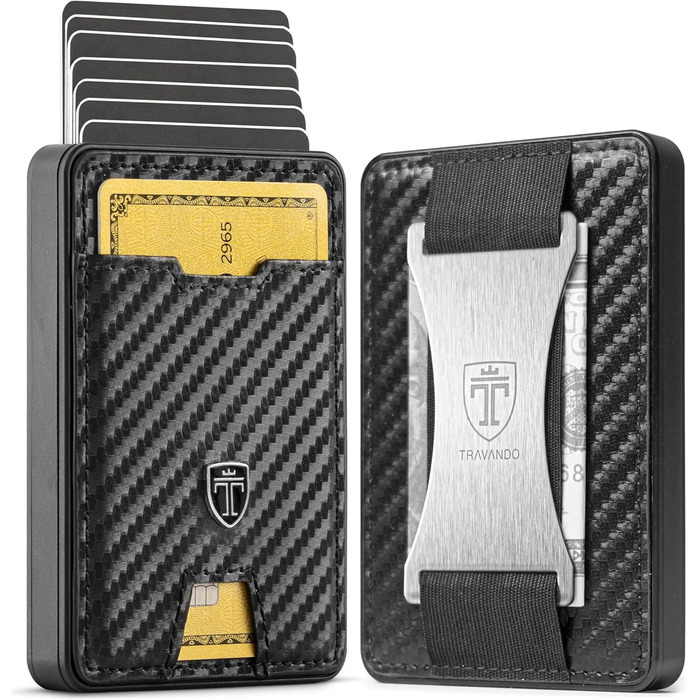 TRAVANDO SWYPE Aluminum Slim Wallet - Carbon Wallet for Men Small with RFID Protection - Small Mini Wallet for Men with Money Clip - Card Holder with Money Band (Money Clip, Carbon)