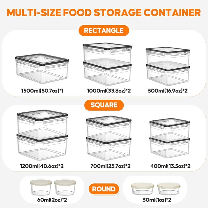 Набір контейнерів для зберігання продуктів з кришкою, 30 шт. (15 контейнерів + 15 кришок), набір харчових контейнерів, не протікають, BPA-free, для Meal Prep