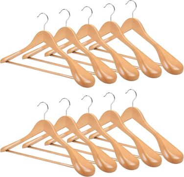 Дерев'яні вішалки для одягу 10 шт. – широкі плечики з натурального дерева, неслизькі та стабільні з перекладиною для штанів та 360° обертовим гачком, для костюмів, курток, сорочок та пальто, натуральне дерево