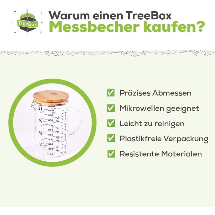 TreeBox Premium Measuring Cup 1l - Glass Measuring Cup - Robust and Heat-Resistant Measuring Cup Set made of Borosilicate Glass with Bamboo Lid - Microwave Safe - Perfect for Baking, Cooking, and Mixing