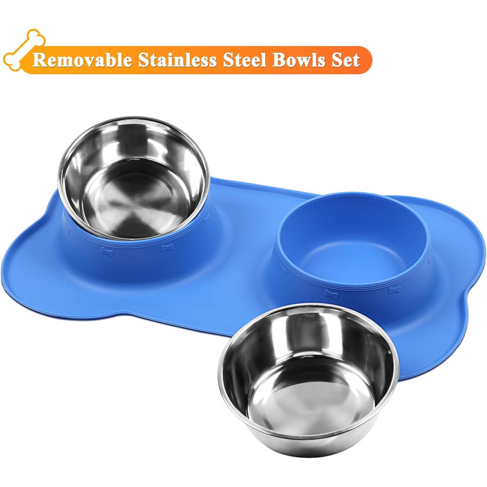 Миска для собак VIVAGLORY Splashfree з нержавіючої сталі та силіконовим килимком, 1310 мл, блакитна