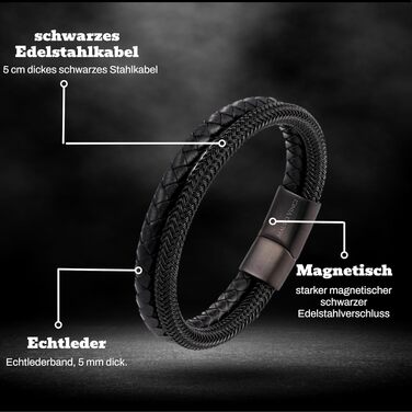 Чоловічий шкіряний браслет Baresi STEEL MB-0022: подвійний шнур, магнітний замок, регульований (19.5-21 см), чорний. З подарунковою упаковкою