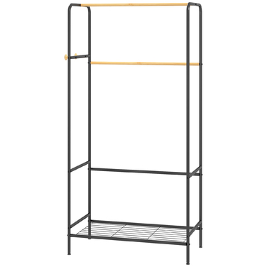 HOMCOM Clothes Rack Coat Stand with 2 Clothes Rails and Shelf, Coat Rack with Hooks for Bedroom and Hallway, Bamboo Black