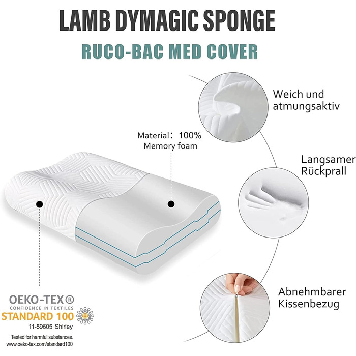 Ергономічна подушка для шиї та голови LAMB з ефектом пам'яті (Memory Foam) для сну на боці, регульована висота, з мийним чохлом, 60x36x12/10 см, біла