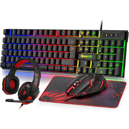 Ігровий набір клавіатури та миші з навушниками, QWERTZ DE розкладка, RGB підсвітка клавіатури, ігрова миша з LED підсвіткою (4 кольори), навушники Over-Ear, велика ігрова килимок, USB провідне підключення для PC, Mac, PS5, Xbox