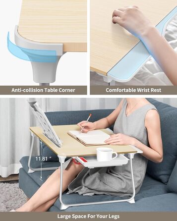 SAIJI Розкладний столик для ноутбука та планшета XXL з ящиком та підставкою для книг/телефону (65 x 49 x 30 см, Тік)