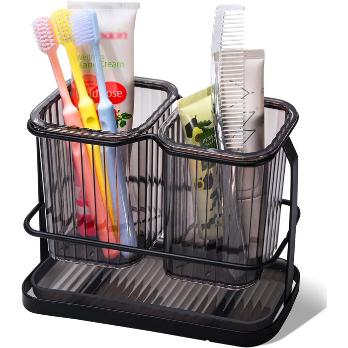 KONE Toothbrush Holder, Wall Mount, Bathroom, Hanging Electric Toothbrush Holder with 2 Removable Compartments, Drainage, Dry and Wet Separation for Bathroom, Kitchen, Family (White) (Black)