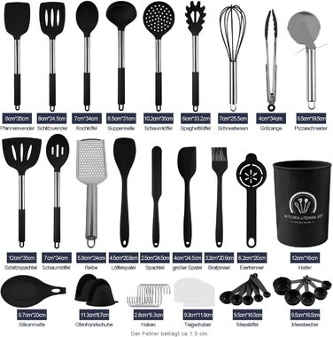 Набір кухонних помічників 45 предметів: силіконове кухонне приладдя, тримач, вінчик з нержавіючої сталі, половник, лопатка, придатне для миття в посудомийній машині, чорний