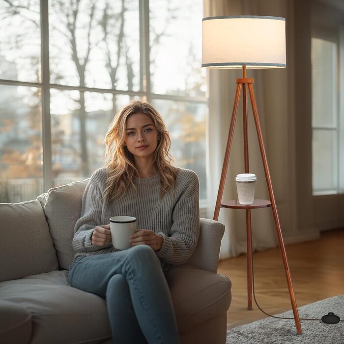 Стельова лампа з полицею, пульт дистанційного керування, 3 колірні температури, тринога, для вітальні, спальні, офісу (горіх), бежевий абажур