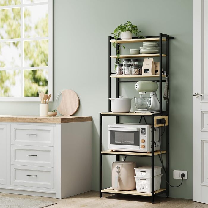 Кухонна полиця WOLTU з 6 ярусами, з розетками, для мікрохвильової печі, з металевим каркасом, регульовані полиці, Чорний+Рустикальний коричневий, 60 x 167 x 40 см