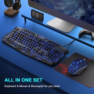 Ігровий набір клавіатури та миші: 114 клавіші QWERTZ DE, LED підсвічування, ергономічна миша з 4 кольорами, великий килимок, USB для PC/PS5/Xbox