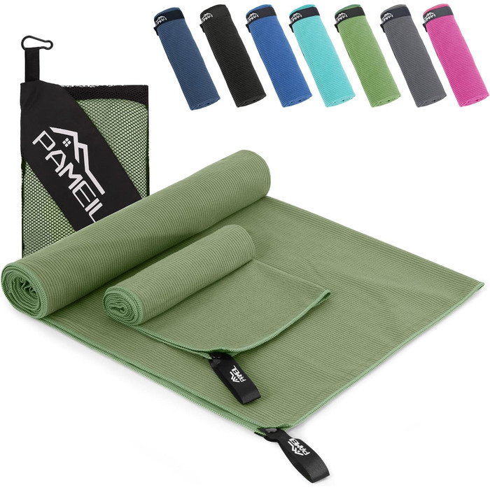 Набір рушників Pameil з мікрофібри (2 шт.): великий (160x80 см) та маленький (80x40 см), компактні та швидковисихаючі, для спорту, подорожей, пляжу (армійний зелений)