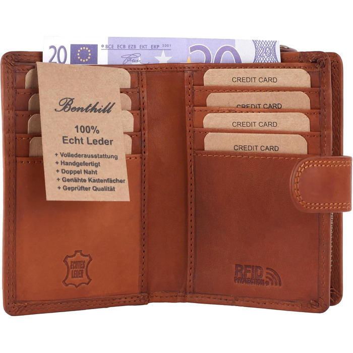 Benthill Wallet Women's Genuine Leather | Small Cardholder with RFID Protection | Wallet with 8 Card Slots & Coin Pocket | Genuine Leather Vintage Women's Wallet incl. Gift Box, Color: Brown