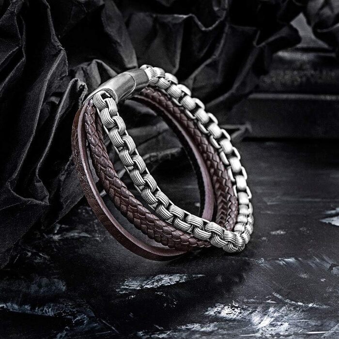 Чоловічий шкіряний браслет Murtoo з нержавіючої сталі з магнітним застібком (20 см, коричневий, срібний)