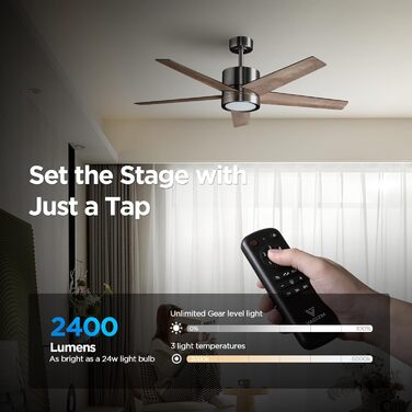 Стеляний вентилятор з підсвічуванням для спальні: 132 см тихий вентилятор з пультом дистанційного керування, ідеальний для вітальні – горіх, 6 швидкостей та трикольорові диммери – 220-240V 5