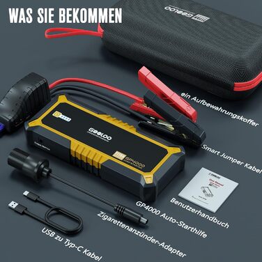 Powerbank Starthilfe GOOLOO GP2000 для автомобіля: 4000A, USB-швидка зарядка, LED, для бензину та дизеля (12V)