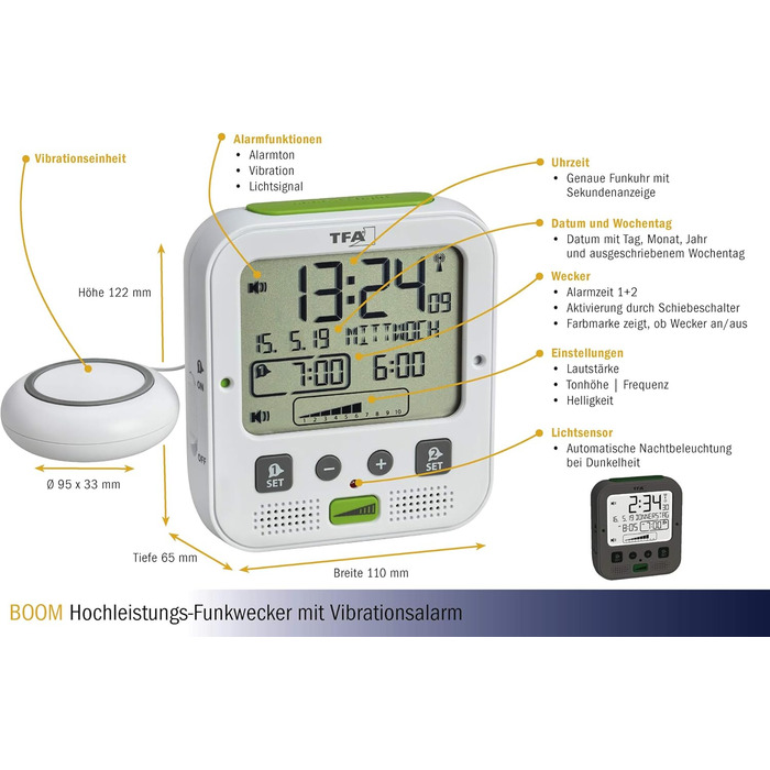 TFA Dostmann Boom Funkwecker, Loud with Vibration Alarm, Snooze Function, Adjustable Volume and Brightness, Automatic Night Light, White, L 110 x W 65 x H 122 mm