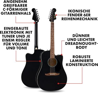 Акустична гітара Fender California Debut Redondo Dreadnought з вирізом CE, сонячна дека, чорний колір, Natural (електроакустична гітара, CA чорний)