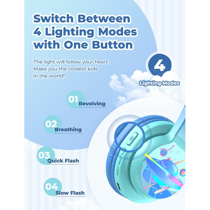 iClever Бездротові навушники для дітей з LED-підсвіткою, Bluetooth 5.2, мікрофон, BTH12 (градієнт синього)