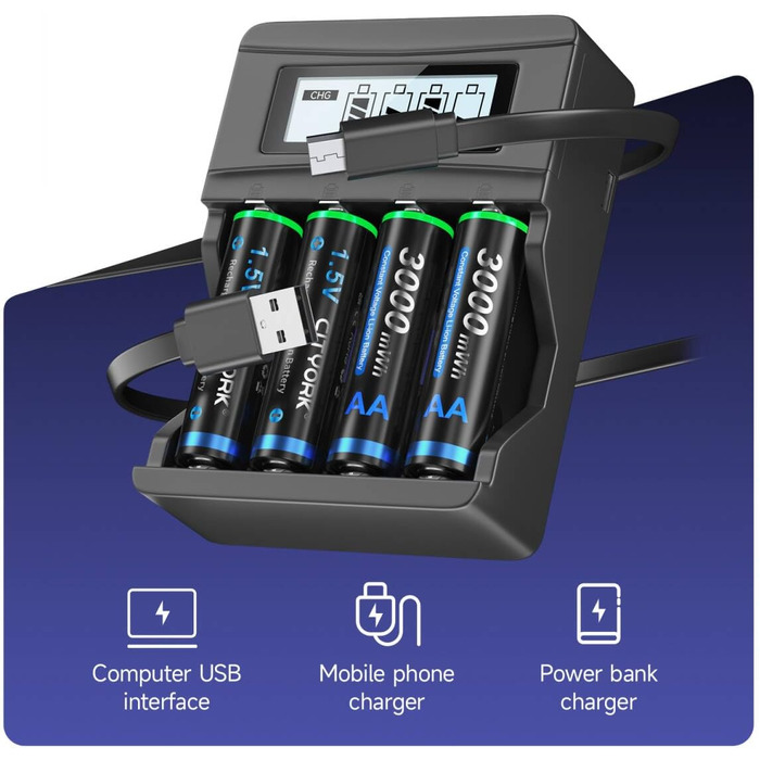 CITYORK Акумулятори AA Li-Ion, 4 шт., 1.5V, 3000mWh, з зарядним пристроєм Bay LCD Micro USB, швидка зарядка, захист від перевантаження