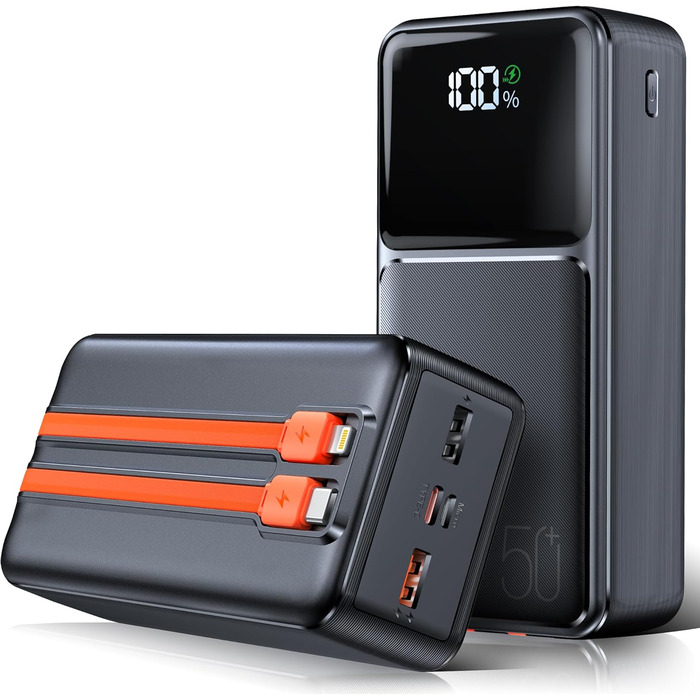Power Bank 50000mAh з LED дисплеєм та ліхтариком: швидка зарядка PD30W, 5 входів/2 виходи, чорно-помаранчевий