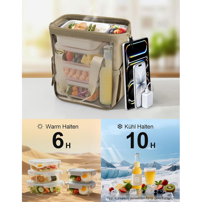 Термосумка 20 л, водонепроникна ізольована сумка/ланч-сумка з великим отвором, виготовлена з витокостійкого матеріалу PEVA, з кількома відділеннями та плечовим ременем – для роботи, школи, автомобіля, пікніка (Хакі)