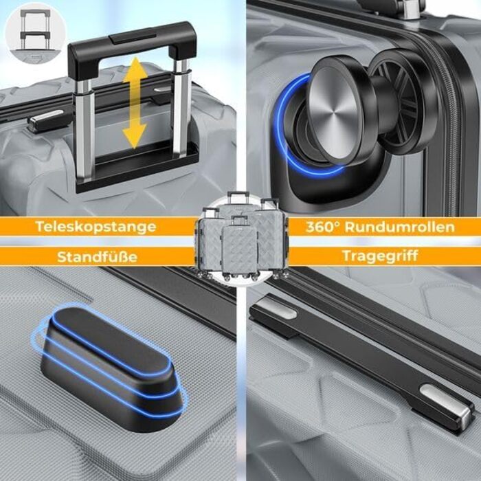 Набір валіз KESSER® 4 шт. | ABS валізи з кодовим замком, ваговою шалькою та органайзером для подорожей, 360° обертання | Ручна та велика валіза для бізнесу та подорожей, Iron Grey