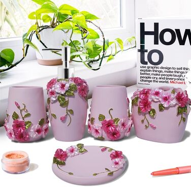 LUANT Bathroom Accessories Set, 5-Piece Bathroom Gift Set with Soap Dispenser, Pump, Toothbrush Holder, Cup, and Soap Dish, Durable Bathroom Set Decoration Ideas (Light Pink Color)