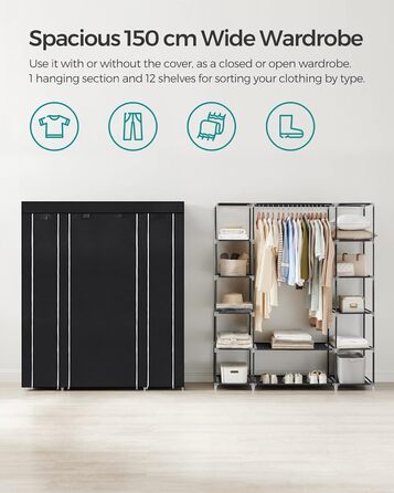 SONGMICS Wardrobe, Fabric Clothes Closet, with Clothes Rail and Shelves, Fabric Cover, for Bedroom, Dressing Room, 150 x 45 x 175 cm, Black LSF03H