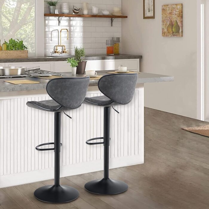 ALPHA HOME 2-Piece Bar Stool Set with Backrest and Footrest - Adjustable Swivel Gas Lift PU Leather Kitchen Bar Stools for Counter, Kitchen & Home (Gray)
