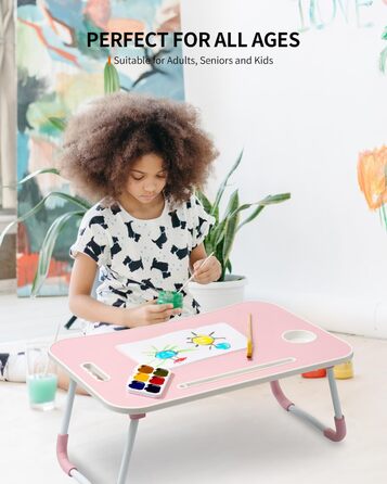 Складаний столик для ноутбука, портативний столик на колінах, приліжковий столик, підставка для ноутбука з тримачем для напоїв та слотом для планшета, рожевий