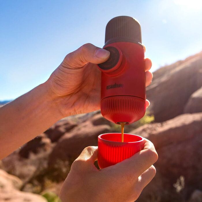 WACACO Nanopresso Portable Espresso Machine, Upgrade Version of Minipresso, 18 Bar Pressure, Small Travel Coffee Machine, Without Protective Case, Manual Operation, for Camping and Hiking (Red)
