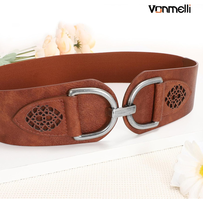 Жіночий ремінь VONMELLI Vintage з широкою пряжкою, еластичний, для суконь та пальто, колір кава, розмір M (84-94 см)