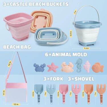 Dreamon Sand Toys Beach Toys Kids, 18 PCS Travel Sand Toys with Folding Bucket, Sandbox Beach Toy for Kids Ages 1 2 3 4 5 Years Girls Boys