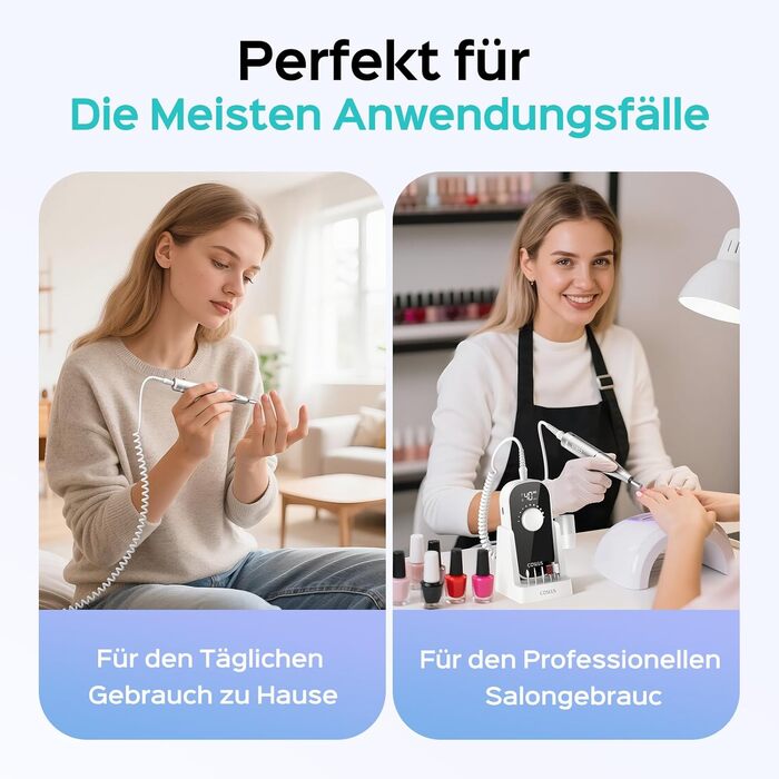 Електрична машинка для манікюру COSLUS 40000 об/хв: професійний набір для догляду за нігтями 6-в-1. Підходить для гелевих та акрилових нігтів, видалення гелю та педикюру. Компактна, тиха, біла.